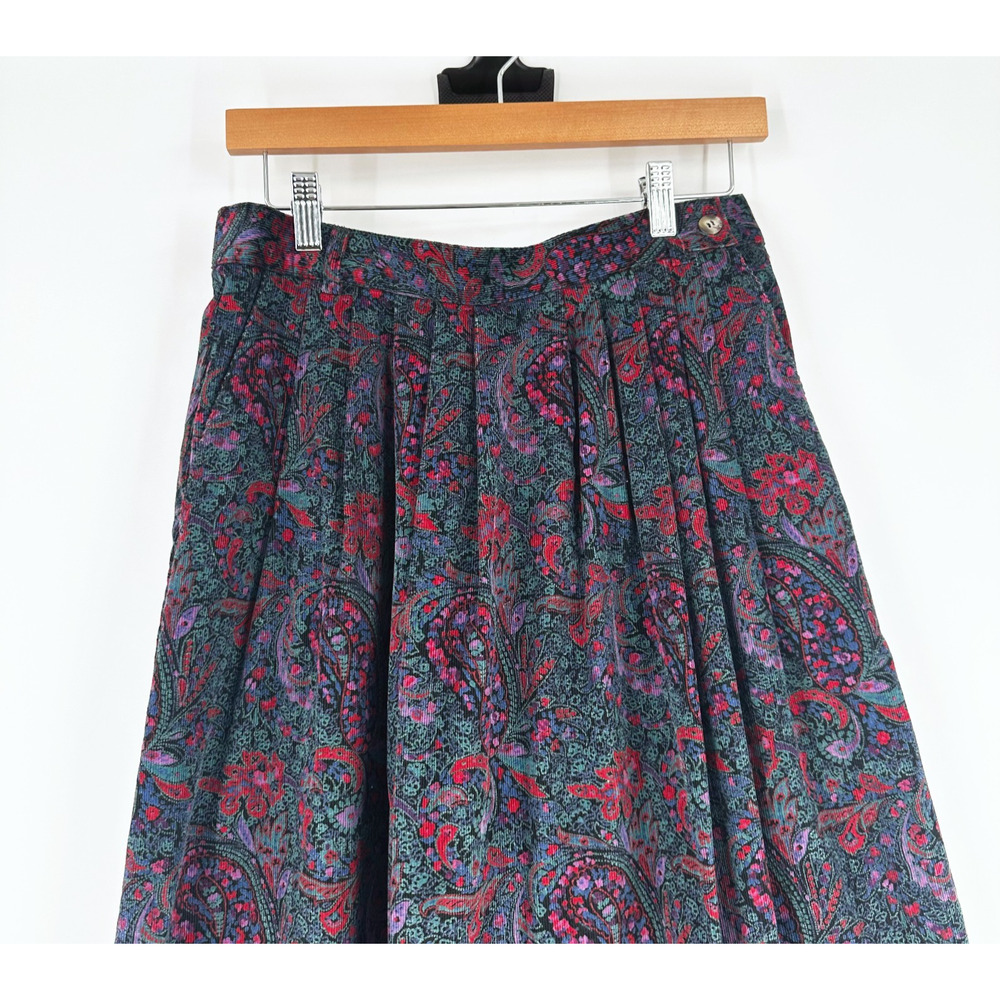 VTG 90s L L Bean Corduroy Paisley Midi Skirt Size 12 Cottagecore Pleated Prairie - Picture 3 of 10